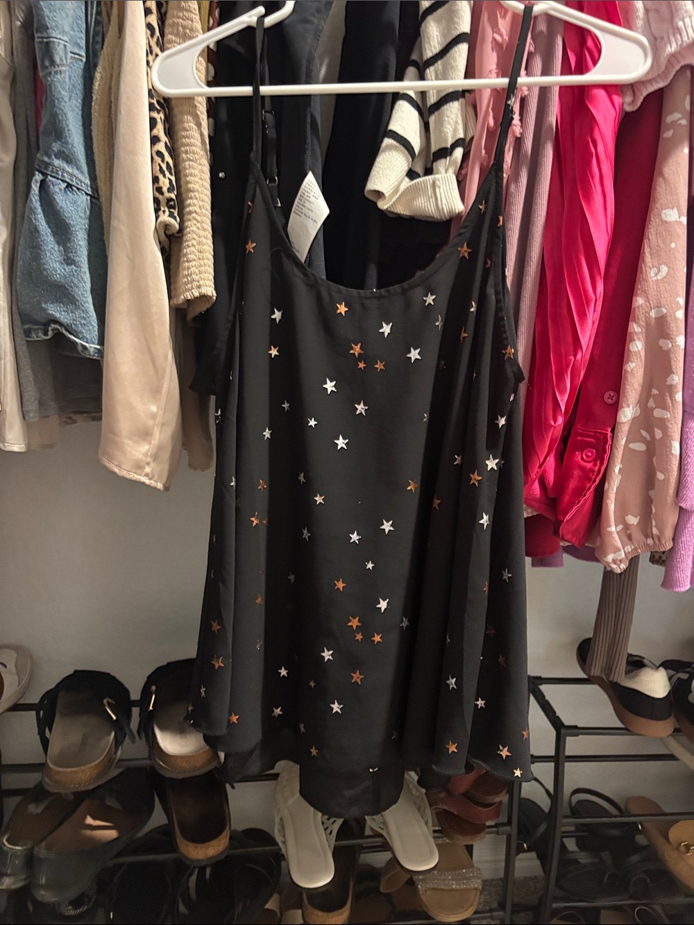 Umgee Black Star-Print Slip Dress with Metallic Stars